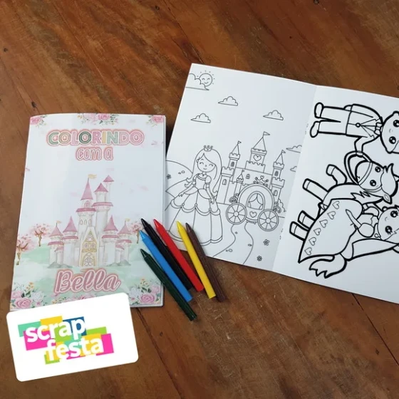 Revista Colorir + Giz de Cera Festa Princesas Aquarela