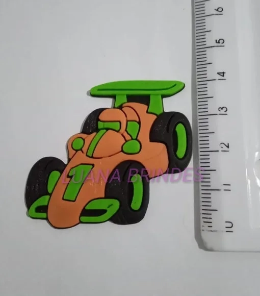 Aplique Carro de Corrida Laranja de Borracha - Pct C/6 Unid