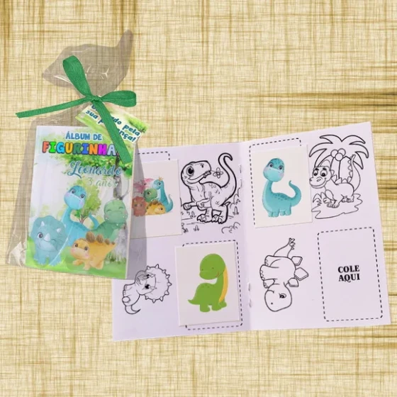 Mini Álbum de Figurinha, Colorir, Festa Dinossauro Cute