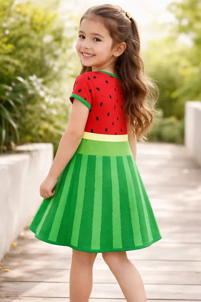 Vestido Infantil Melancia Frutinhas Casual Lúdico Rodado