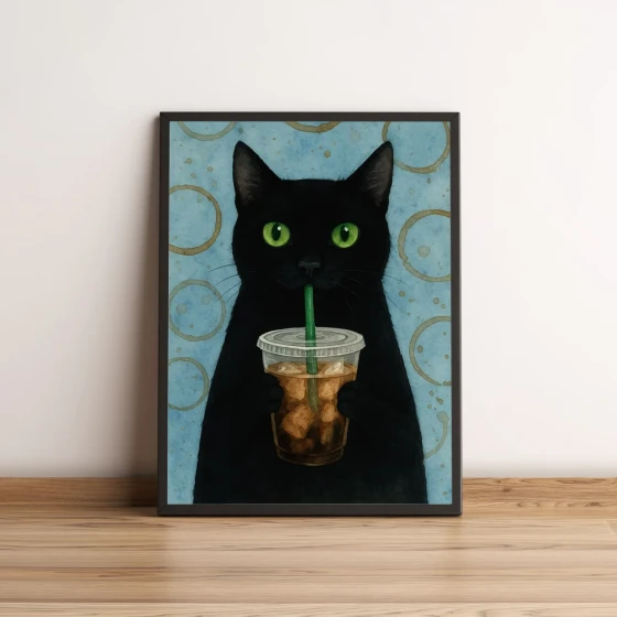 Quadro Gato Preto com Bebida Gelada e Fundo Azul 2703