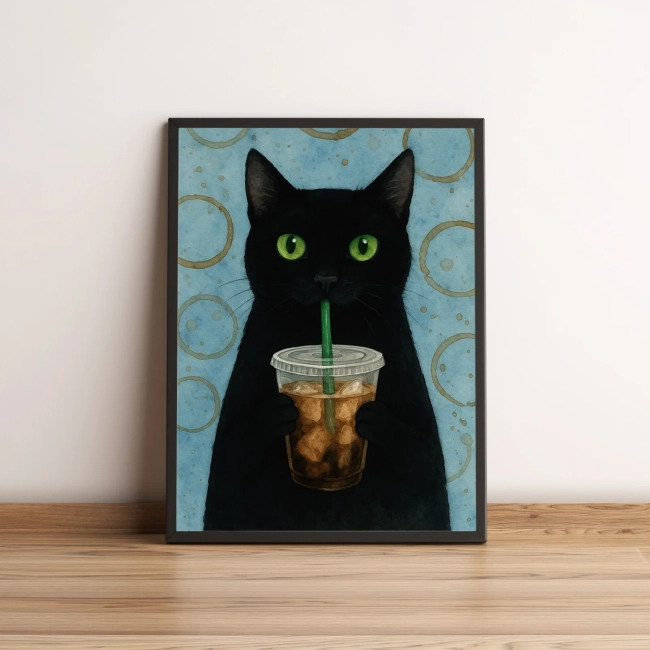 Quadro Gato Preto com Bebida Gelada e Fundo Azul 2703
