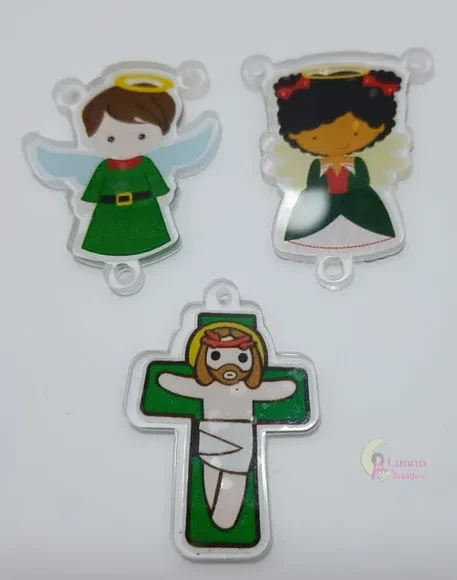 Kit Terço Anjinho e Crucifixo Verde de acrílico-pct c/2 kits