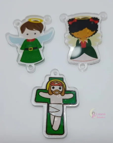 Kit Terço Anjinho e Crucifixo Verde de acrílico-pct c/2 kits