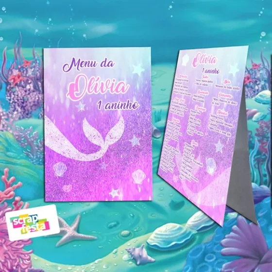 Menu Cardápio Cavalete Festa Sereia Aquarela
