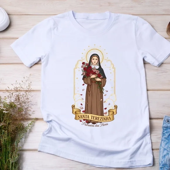Camiseta Santa Terezinha Corpo Inteiro Padroeira das Flores