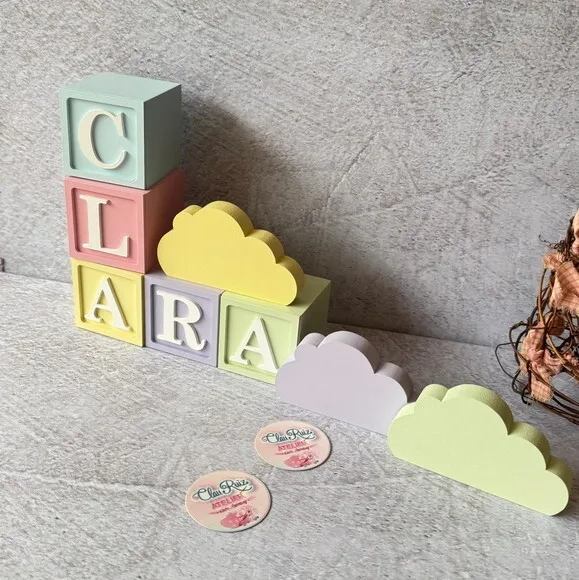 Nuvem Trio Decoração Bebê + Cubos 6x6cm Pastel Ts
