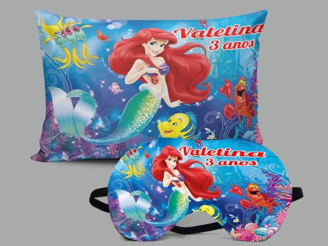 Kit Almofada e Mascara de Dormir para lembrancinhas da Sereia Ariel