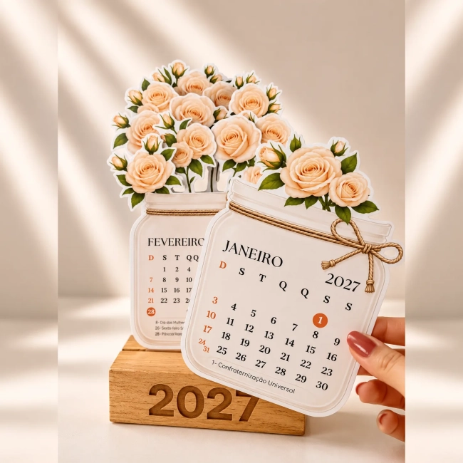 Calendário de Mesa 2027 Vaso de Flores Rosas