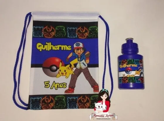 Mochila com Squeeze Personalizado Pokemon Azul