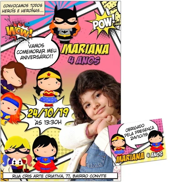 CONVITE DIGITAL C/TAG Heroinas Cute Gibi com Foto