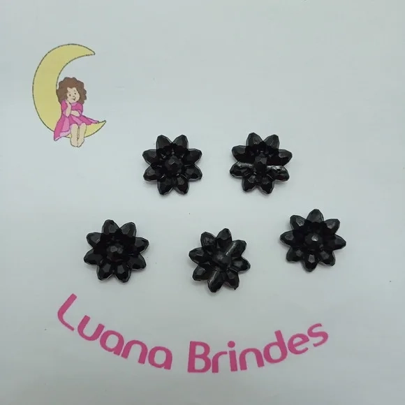 Botão Flor de Acrílico Preto 2cm Pct 28 Unidades