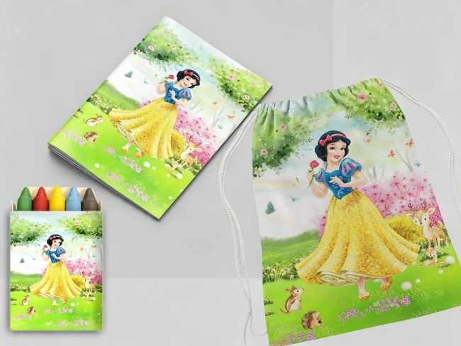 Kit Mochila e Revista de colorir para lembrancinha da Branca de Neve