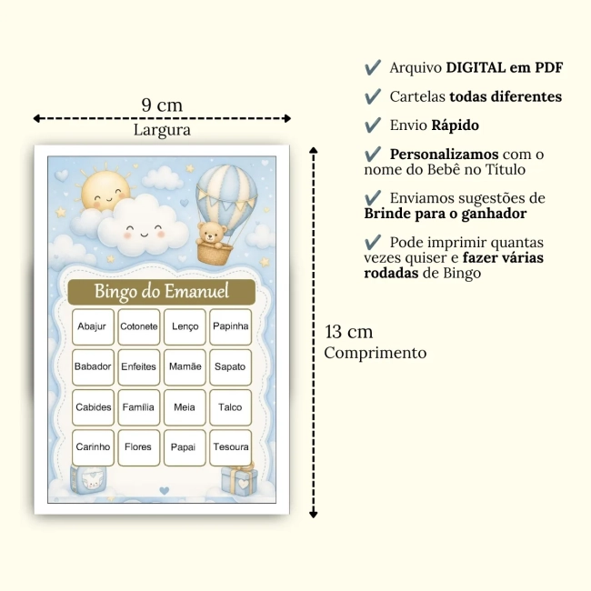 Bingo Chá de Bebê Menino PDF Para Imprimir