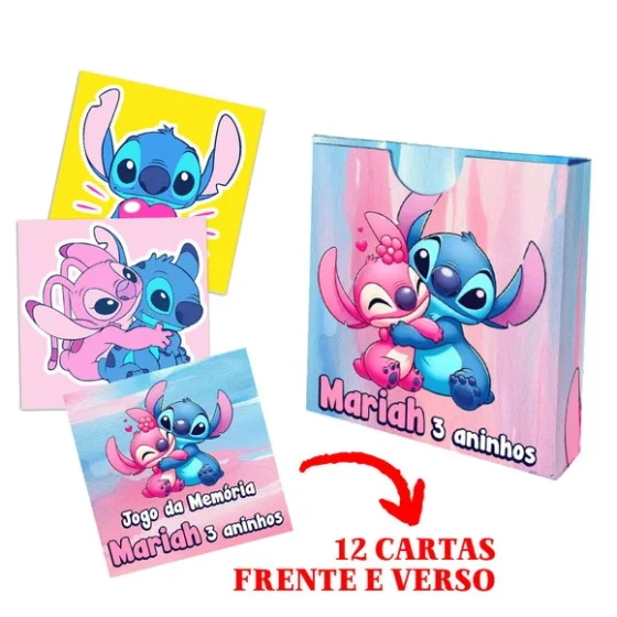 Jogo da Memória Infantil Stitch e Angel Rosa com Caixinha
