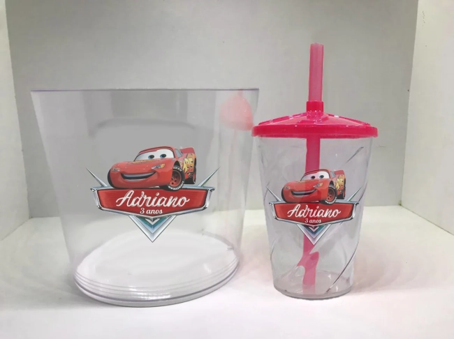 Kit Balde de Pipoca acrilico + Copo twister Personalizado dos Carros Disney