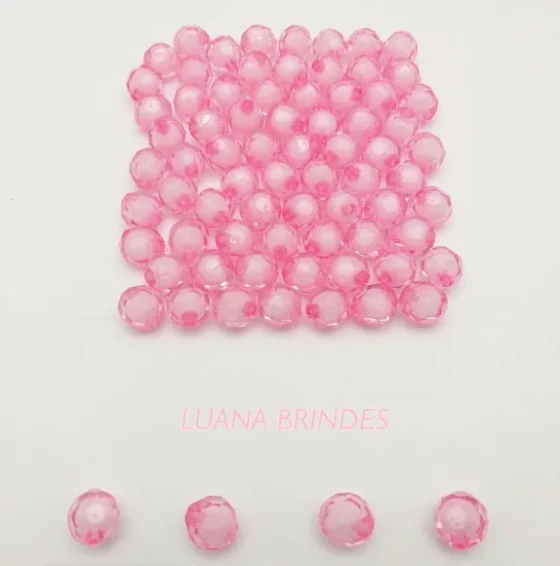 Bolinha Facetada rosa c/Miolo Branco - 10mm -pct c/100 unid
