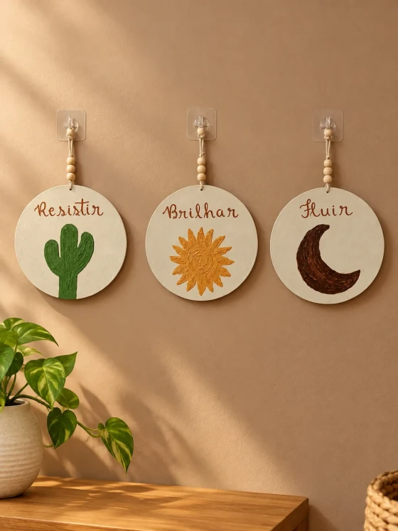 Trio Placas Decorativas Parede Boho Cacto Sol Lua MDF Kit 3 Peças 20cm