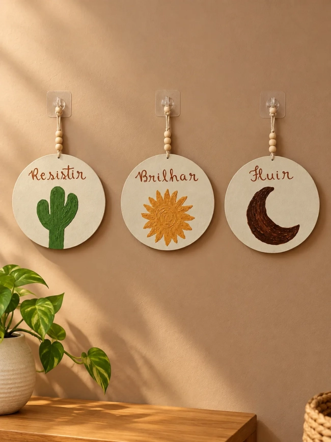 Trio Placas Decorativas Parede Boho Cacto Sol Lua MDF Kit 3 Peças 20cm