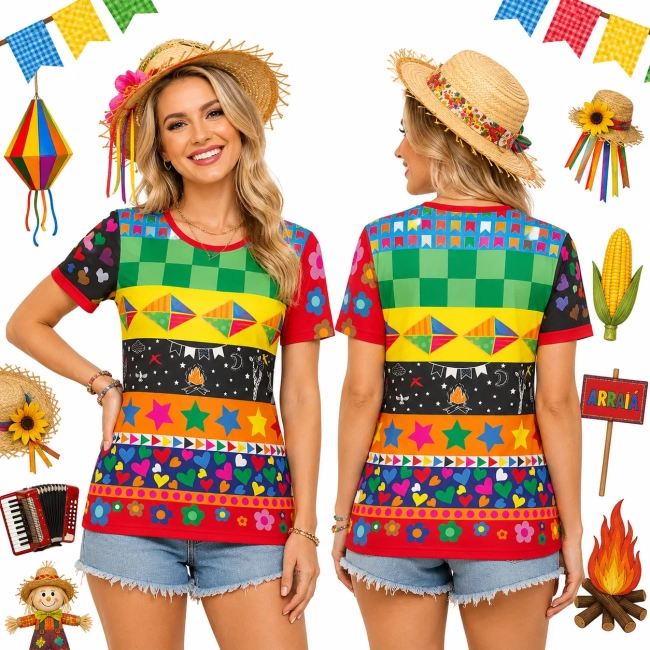 Camiseta Infantil Fantasia Junina Colorida Retalhos com Bandeirinhas e Balões