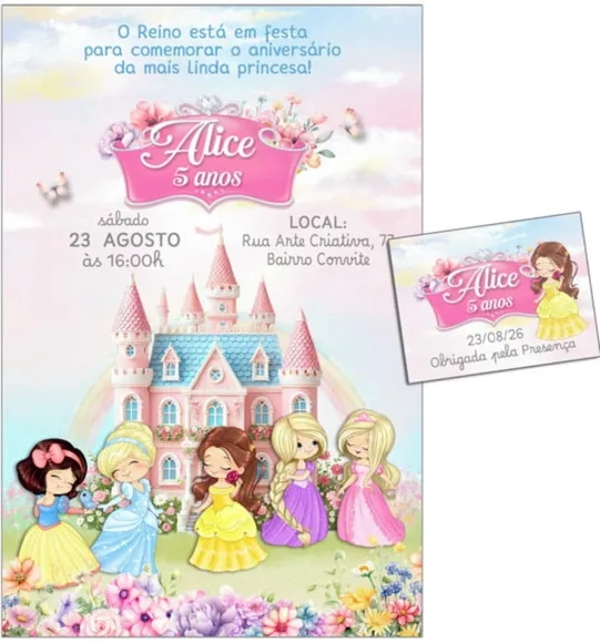 Convite Digital C/tag Princesas Disney Aquarela
