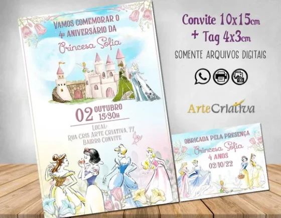 Convite Digital C/tag Princesas Disney Aquarela
