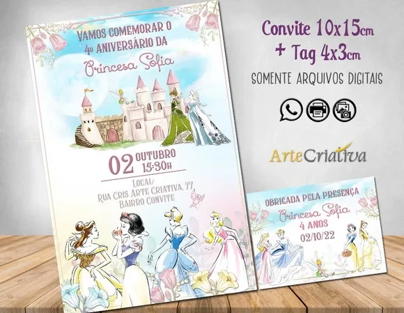 Convite Digital C/tag Princesas Disney Aquarela
