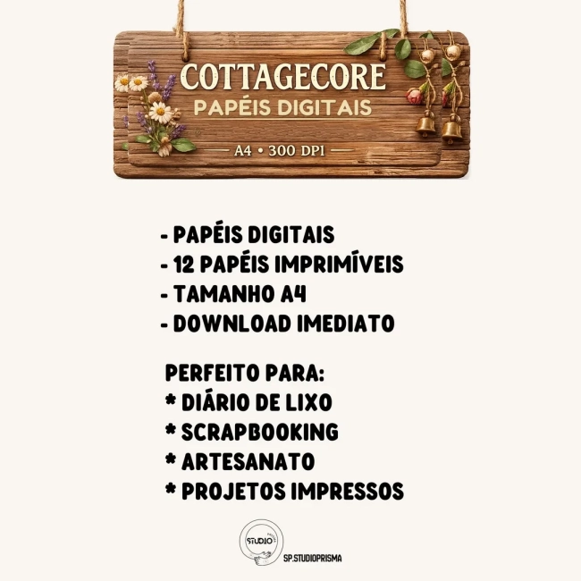 Papéis Digitais Cottagecore – Kit com 12 Papéis A4 para Junk Journal e Scrapbook