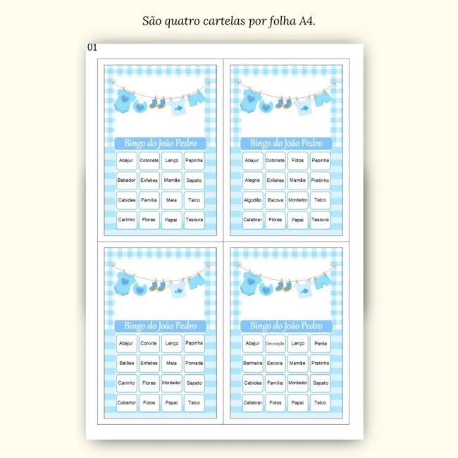 Bingo Chá de Bebê Menino Pdf Para Imprimir