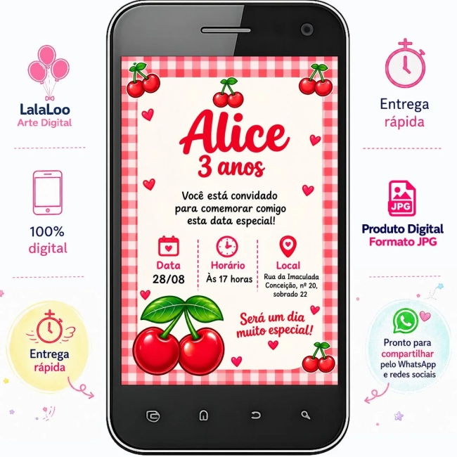 Convite Digital Tema Cerejinha | Festa Infantil Personalizado