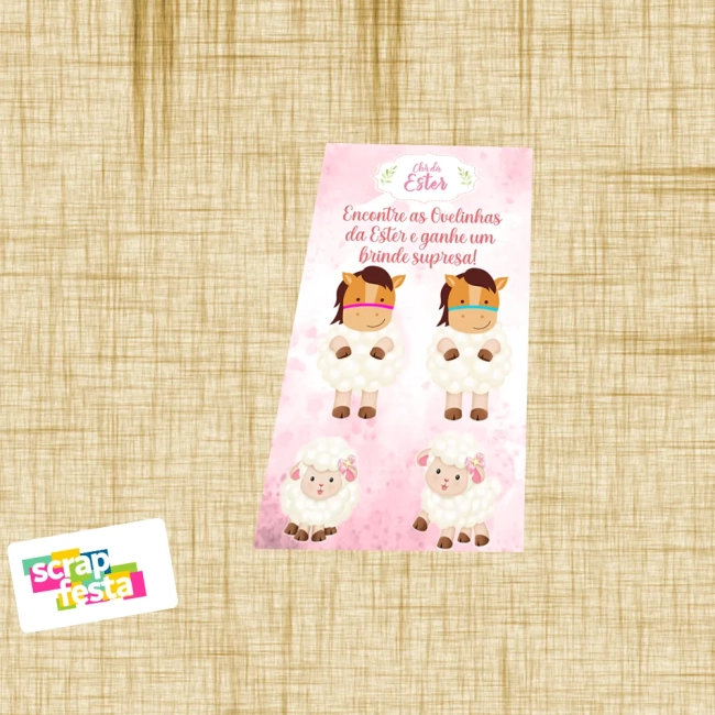 Cartão Raspadinha Brincadeira Festa Chá de Bebê Menina Ovelhinha Cute Aquarela