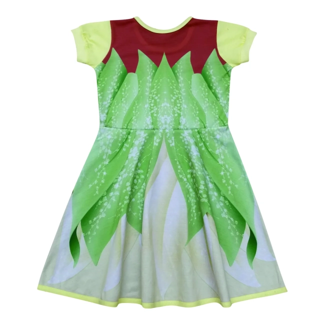 Vestido Infantil Fantasia Princesa do Pântano Verde e Amarelo com Vitória-Régia