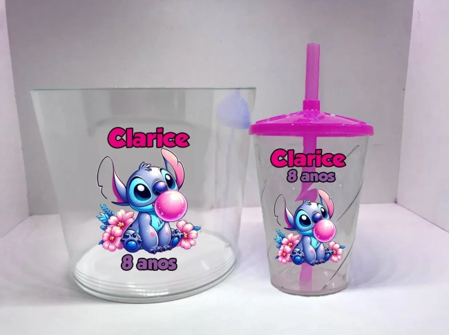 Kit Balde de Pipoca acrilico + Copo twister Personalizado do Stitch
