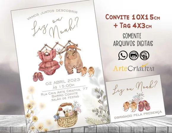 Convite Digital C/tag Chá de Bebê Revelação Boho 2
