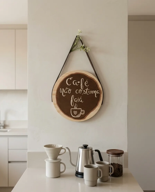 Placa Decorativa Cantinho do Café Madeira Pinus com Alça Courino 20cm