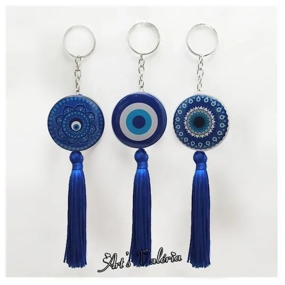 Chaveiro Bóton com Franja Olho Grego ou Mandala