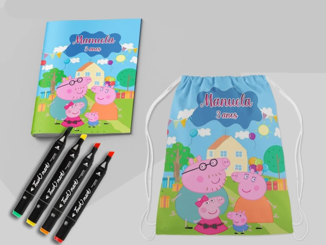 Kit Mochila e Revista de colorir com Canetinhas da Porquinha Rosa