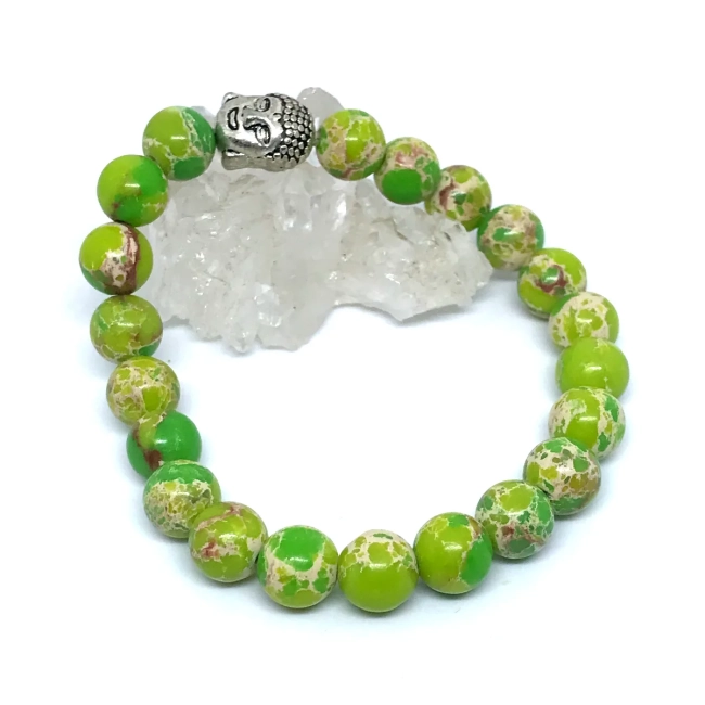 Pulseira em Pedras Jaspe Imperial Verde com entremeio Buda prateado