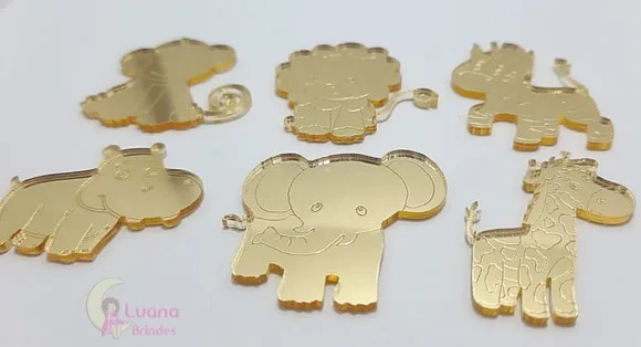 Apliques Animais Safari de Acrílico Espelhado Dourado -6 Uns