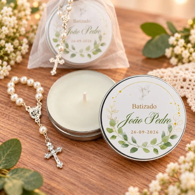36 unidades Lembrancinha Batizado Vela Aromática na Latinha com Terço e Saco do Organza - Trabalhamos com qualquer tema - Informar o tema no chat