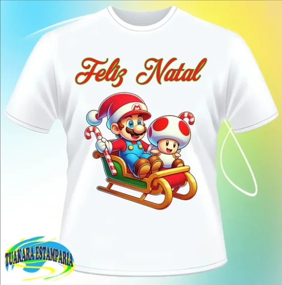 Camiseta Feliz Natal - Mario e Toad