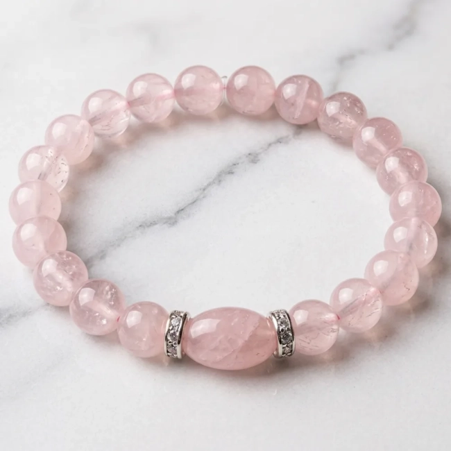 Pulseira Japamala Quartzo Rosa 27 Contas 6mm Delicada e Ajustável