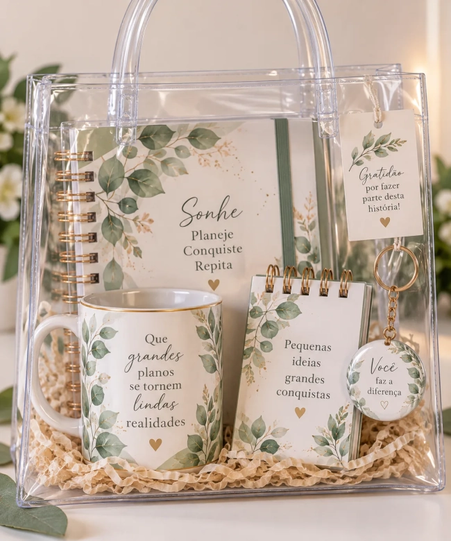 Kit Agenda, Bloquinho, Caneca e Chaveiro Espelho