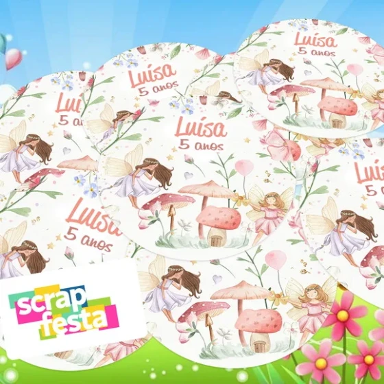 Adesivo 5 cm Redondo Personalizado Jardim das Fadas Aquarela
