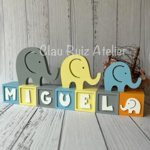 Trio de Elefantes + Cubos 6x6cm Ts Decoração Bebê