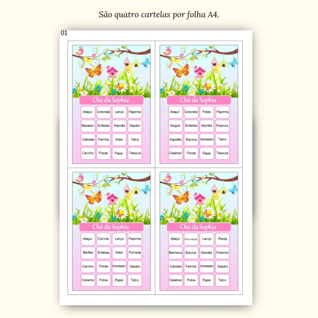 Bingo Chá de Bebê Menina Pdf Para Imprimir
