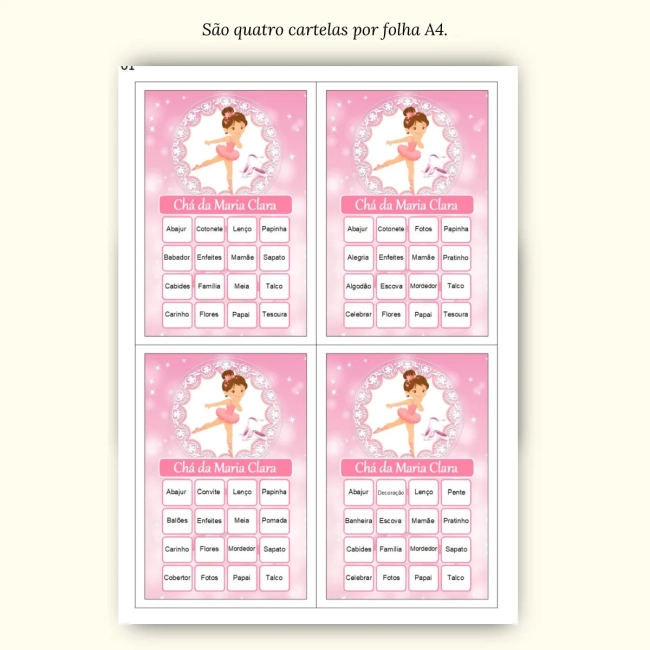 Bingo Chá de Bebê Menina Pdf Para Imprimir