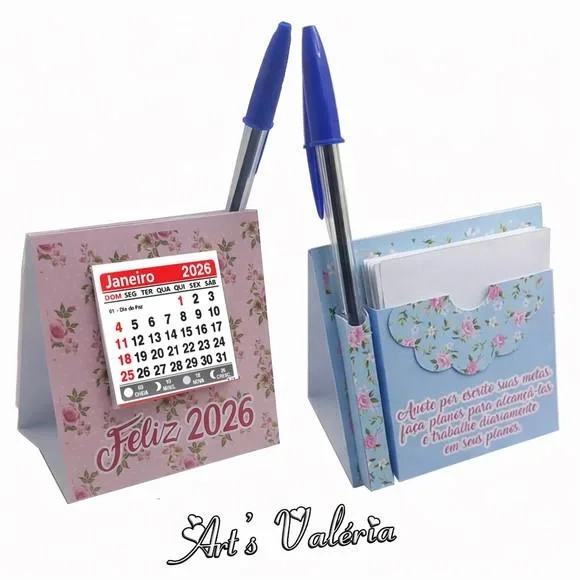 Mini Calendário de Mesa com Bloquinho e Caneta