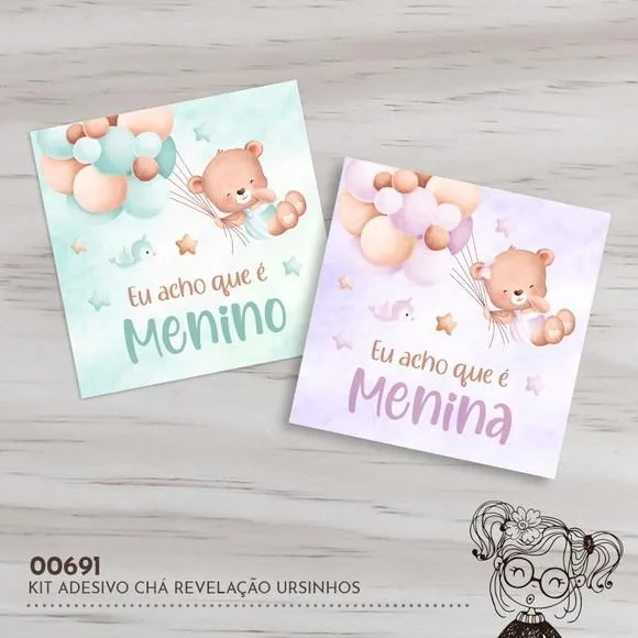 Kit Adesivos Quadrados Chá Revelação Ursinhos - 00691