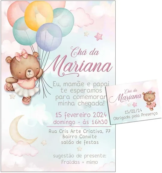 Convite Digital C/tag Chá de Bebê Menina Ursinho Bexiga